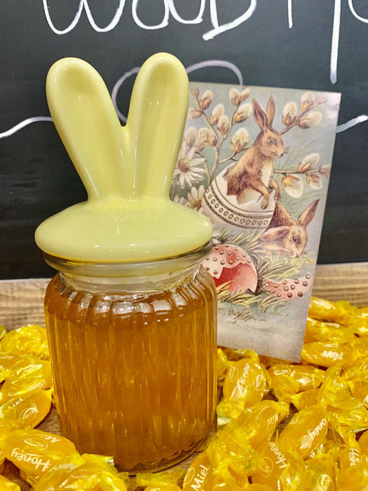 15oz Premium Honey Easter Gift Set with Ceramic Bunny Ear Glass Jar + Bonus Honey Candy in Easter Gift Bag